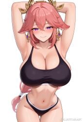 ai_generated animal_ears armpits arms_behind_head arms_up ass_visible_through_thighs bangs bare_shoulders black_bra black_panties blush bra breasts cleavage closed_mouth collarbone cowboy_shot earrings female fox_ears hair_between_eyes hair_ornament jewelry juliatitusart large_breasts long_hair looking_at_viewer navel panties pink_hair purple_eyes sidelocks simple_background smile solo sports_bra stomach thigh_gap thighs underwear very_long_hair white_background yae_miko