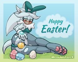 2025 absurd_res andromorph anthro anus blush bodily_fluids clothing clothing_aside digital_drawing_(artwork) digital_media_(artwork) easter egg egg_in_vagina english_text eulipotyphlan fake_ears fake_rabbit_ears fluffy fluffy_chest genital_fluids genitals hedgehog hi_res holidays intersex legwear mammal meowwabae nude oviposition panties panties_aside pantyhose pawpads rear_view sega silver_the_hedgehog smile solo sonic_the_hedgehog_(series) speech_bubble spread_vulva spreading tail teal_clothing teeth text torn_clothing torn_legwear torn_pantyhose underwear underwear_aside vaginal_fluids vulva yellow_eyes