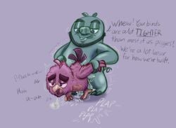 air_puff anal anal_sex angry_birds anthro arm_pull avian beak beard bent_over bird black_beard black_facial_hair bodily_fluids buckteeth cloven_hooves colored cum cum_in_ass cum_inside cum_leaking_from_ass cum_leaking_out cum_on_ground curled_tail dated dialogue domestic_pig dominant dominant_male ejaculation english_text facial_hair feather_hands feather_tuft feathers feet genital_fluids green_body half-closed_eyes head_feathers head_tuft hooves looking_pleasured male male/male mammal motion_lines narrowed_eyes onomatopoeia open_mouth orange_beak orgasm overweight overweight_male penetration purple_background red_body red_feathers rovio_entertainment sega signature simple_background smug snout sound_effects submissive submissive_male suid suine sus_(pig) tail tail_feathers talons teeth text the_angry_birds_movie tiptoes toes tuft undergreysnest wings
