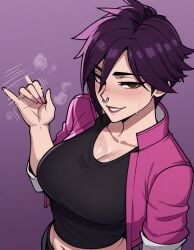 1female 1girls 2d 2d_(artwork) ai_generated big_breasts big_titties brown_eyes cleavage dispatch_(game) female handjob_gesture high_resolution highres invisigal invisigal_(dispatch) large_breasts light-skinned_female light_skin navel navel_piercing patreon patreon_username purple_hair ryogangg septum_piercing septum_ring short_hair tomboy
