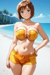 1girl ai-created ai_generated bandeau bare_arms bare_shoulders beach bikini bikini_shorts blue_sky blush breasts brown_eyes brown_hair cameltoe cleavage closed_mouth cloud collarbone cowboy_shot day devilman eyepatch_bikini female hand_on_own_hip large_breasts looking_at_viewer miki_makimura navel ocean orange_bikini orange_shorts orange_swimsuit outdoors palm_tree pixiv rena_aikawa_(pixiv_user) sand shore short_hair short_shorts shorts sky smile solo stable_diffusion standing stomach strapless strapless_bikini swimsuit thigh_gap thighs tree water