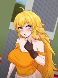 1girls blonde_female blonde_hair fingerless_gloves half-dressed half_naked half_naked_female leux_21 no_pants pantless purple_eyes rwby solo_female yang_xiao_long