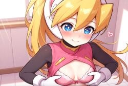 ai_generated bathroom blonde_hair blue_eyes bra ciel ciel_(mega_man) cute cute_girl female girl lingerie medium_breasts mega_man_x_dive mega_man_zero open_clothes pink_bra pink_skirt pink_vest sex sexy sexy_pose skirt undressing vest