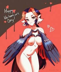 absurdres bird_tail black_eyes black_feathers black_hair black_wings breasts claws feathered_wings feathers female happy_valentine harpy heart heart_hands highres long_hair medium_breasts monster_girl multicolored_hair navel nipples nude orange_hair original parted_bangs parted_lips pussy red_background solo tail two-tone_hair uncensored unreal_fish very_long_hair winged_arms wings