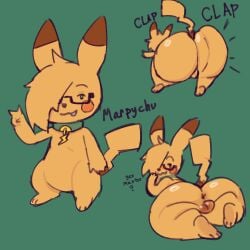 anthro anus ass backsack balls beckoning big_butt clap_(sound_effect) clapping collar dialogue eyewear fan_character feet generation_1_pokemon genitals gesture glasses glistening glistening_balls glistening_butt glistening_genitalia green_eyes hand_gesture hi_res looking_at_viewer lying male marpychu_(marpypawz) marpypawz nintendo one_eye_obstructed onomatopoeia pikachu pokemon pokemon_(species) shaking_butt smug smug_face smug_grin solo sound_effects standing tail teeth text v_sign wearing_glasses
