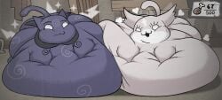 2girls body_markings cat_ears cat_tail color fat fat_female feline fur furry_only heart hyper hyper_fat lucy_(mewgenics) marshmallow_(mewgenics) mewgenics shweetmagnet weight_gain