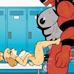 1boy1girl ai_generated big_muscles furry furry_female furry_male furry_only himbotiger incineroar isabelle_(animal_crossing) kemono muscle_fetish muscular muscular_male nipples pecs pectorals size_difference straight straight_sex