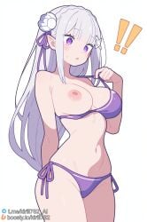 ! !! 1girls :o ai_generated arm_behind_back bare_shoulders bikini blunt_bangs blush boosty_username braid breasts cowboy_shot crown_braid emilia_(re:zero) female flower grey_hair hair_flower hair_ornament hair_ribbon kirill782 large_breasts long_hair medium_breasts navel nipples one_breast_out open_mouth pointy_ears purple_bikini purple_eyes purple_ribbon re:zero_kara_hajimeru_isekai_seikatsu ribbon side-tie_bikini_bottom simple_background solo stable_diffusion standing stomach swimsuit telegram_username watermark white_background white_flower x_hair_ornament