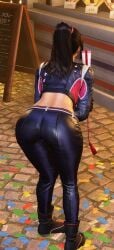 1girl 3d ass ass_focus back bent_over big_ass black_footwear black_gloves black_hair black_pants blue_pants boots box clothing crop_top cropped_jacket facing_away female from_behind full_body gloves gun holding jacket leaning_forward long_hair long_sleeves mai_shiranui menu midriff outdoors pants ponytail screenshot sign solo solo_focus standing street_fighter street_fighter_6 tight_clothes tight_pants tile_floor weapon