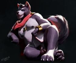 1boy 4_toes 5_fingers adastra adastra_(series) amicus_(adastra) anthro balls black_nose bottomwear canid canine canis cape clothed clothing clothing_lift duo echo_project feet fingers fur genitals grey_body grey_fur hindpaw humanoid_hands loincloth loincloth_lift male mammal paws penis sidekick solo solo_male toes topless topless_anthro topless_male wolf