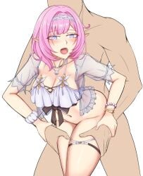 1boy bikini bikini_top_only blue_eyes blue_jacket bottomless breasts cleavage commentary elf elysia_(honkai_impact) elysia_(miss_pink_elf)_(honkai_impact) elysia_(summer_miss_elf)_(honkai_impact) female gomon_sensei grabbing_another's_thighs hairband highres honkai_(series) honkai_impact_3rd jacket jewelry large_breasts long_hair navel necklace official_alternate_costume open_mouth pink_hair pointy_ears see-through_clothes see-through_jacket sex sex_from_behind shell shell_necklace simple_background straight swimsuit thigh_strap thighs white_background white_bikini white_hairband