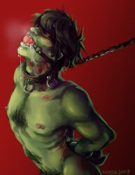 1boy beautiful blindfolded_male bondage bruises digital_painting_(artwork) drooling gagged gorillaz hands_behind_back koresart leash murdoc_niccals solo_male very_good_artwork visible_ribs