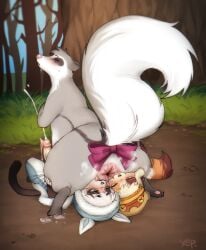 4_toes 5_fingers absurd_res accessory anal anthro anus ass big_anus big_butt big_penis big_tail blush bodily_fluids bow_ribbon broken_glasses butt_grab butt_sniffing cacophony_(kazukio) capcom clothed clothing crouching dirt ejaculation eyewear facesitting feet felid feline felyne feral fingers fluffy fluffy_tail fur furgonomics genitals glasses glasses_on_floor glistening glistening_anus grass grey_body group hair hanawa_(kazukio) hand_on_butt hands-free hi_res huge_tail larger_feral looking_at_another looking_at_partner looking_back looking_down looking_down_at_partner lynian male male/male mammal mephitid monster_hunter multicolored_body multicolored_fur musk musk_cloud nature nature_background niichan nox_(briggs) oral penis plant raised_tail ribbons rimming semi-anthro sex short_hair sitting_on_another size_difference skunk smothering sniffing stinkmink sweat sweatdrop tail tail_accessory tail_aside tail_bow tail_ribbon thick_thighs toes tree trio wide_hips