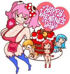 4girls background bikini blinky_(pac-man) blue_hair cake clyde_(pac-man) glasses glasses_on_head inky_(pac-man) minus8 naked_apron no_background pac-man_(series) pink_hair pinky_(pac-man) red_hair valentine's_day yellow_hair