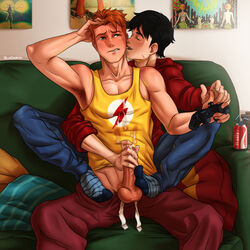 2boys batman_(series) black_hair black_hair_bottom bludwing controller cum dc dc_comics dick_grayson domination erection footjob gay kid_flash licking light_hair_on_dark_hair male male_only masturbation penis reach_around red_hair red_hair_on_black_hair red_hair_top robin_(dc) robin_(dick_grayson) teen_titans wally_west yaoi