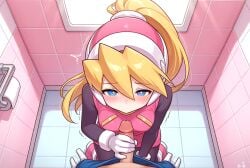 ai_generated bathroom blonde_hair blue_eyes ciel ciel_(mega_man) cute cute_girl excited female girl handjob medium_breasts mega_man_x_dive mega_man_zero pink_skirt pink_vest pov sexy sexy_pose skirt vest