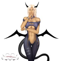 abs bare_shoulders blackknight23 breasts chains cleavage cross female horns large_breasts solo succubus tail torn_clothes white_eyes white_hair wide_hips wings