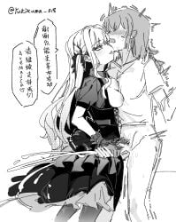 2girls ^^^ artist_name ave_mujica_(bang_dream!) bang_dream! bang_dream!_it's_mygo!!!!! black_corset black_leggings blush breast_press breasts breasts_out chinese_text collared_shirt commentary_request corset cum full-face_blush futanari gloved_handjob gloves greyscale hair_ribbon handjob highres leggings licking licking_another's_face light_blush long_hair medium_breasts mob_face monochrome multiple_girls oblivionis_(bang_dream!) open_mouth ribbon saliva saliva_trail shirt sidelocks skirt sweat sweatdrop togawa_sakiko translation_request trembling yukikuma_(yukikuma_018)