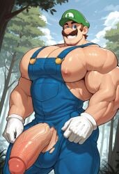 1boy ai_generated biceps big_penis blue_eyes blue_overalls clothing daddy dilf erection facial_hair gigantic_penis gloves green_hat hands_on_hips hat huge_cock humanoid humanoid_male large_bulge light-skinned_male light_skin looking_at_viewer luigi male male_only mammal mario_(series) mature mature_male muscles muscular muscular_male nintendo outdoors overalls pecs penis penis_out smiling smiling_at_viewer solo solo_focus solo_male trees white_gloves
