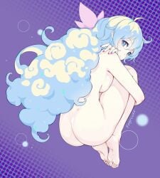 1girls artist_name artist_signature ass backboob blonde_hair blue_eyes breasts completely_naked_female completely_nude_female cross_pupils female_focus female_only gradient_background hugging_legs hugging_own_legs long_hair looking_at_viewer looking_back medium_breasts nia_teppelin painted_fingernails painted_nails purple_background solo solo_female tengen_toppa_gurren_lagann