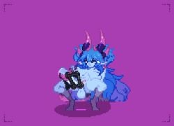 animated blue_hair cumming demon demon_girl dripping ear_piercing ejaculation female full-package_futa futanari groping_breasts groping_own_breast horns large_breasts leaning_back machine masturbation masturbation_machine mismatched_pupils naked non-human pink_eyes pixel_animation pixel_art plaguebby pluggyrl pointy_ears pubic_tattoo purple_skin sex_machine_attachment sex_toy shoulder_spikes solo squatting two_tone_hair very_long_hair vtuber