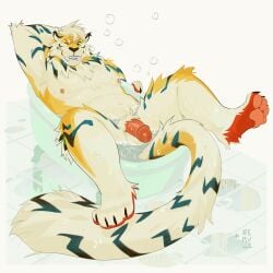 2024 absurd_res anthro athletic athletic_anthro athletic_male bathtub fangs felid flaccid fur genitals green_eyes hand_behind_head hi_res humanoid_genitalia humanoid_penis in_bathtub looking_at_viewer lying male male_anthro mammal nipples nude nude_anthro nude_male on_back one_eye_closed pawpads penis pink_penis prehistoric_species red_body red_fur remulle_(artist) saber-toothed_tiger sabertooth_(anatomy) slightly_chubby slightly_chubby_anthro slightly_chubby_male smile solo striped_body striped_fur stripes tan_body tan_fur teal_body teal_fur teeth wink winking_at_viewer yellow_body yellow_fur