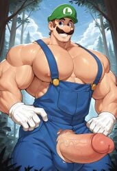 1boy ai_generated biceps big_penis blue_eyes blue_overalls clothing daddy dilf erection facial_hair gigantic_penis gloves green_hat hands_on_hips hat huge_cock humanoid humanoid_male large_bulge light-skinned_male light_skin looking_at_viewer luigi male male_only mammal mario_(series) mature mature_male muscles muscular muscular_male nintendo outdoors overalls pecs penis penis_out smiling smiling_at_viewer solo solo_focus solo_male trees white_gloves