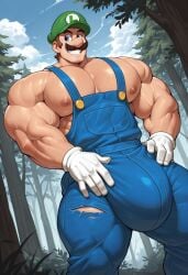 1boy ai_generated biceps big_bulge blue_eyes blue_overalls bulge clothing daddy dilf erection facial_hair gigantic_bulge gloves green_hat hat huge_bulge humanoid humanoid_male large_bulge light-skinned_male light_skin looking_at_viewer luigi male male_only mammal mario_(series) mature mature_male muscles muscular muscular_male nintendo outdoors overalls pecs smiling smiling_at_viewer solo solo_focus solo_male trees white_gloves