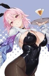 absurdres alternate_costume animal_ears big_breasts black_leotard black_pantyhose breasts bunnysuit cleavage cocktail commentary_request covered_navel curvy fake_animal_ears female highres hips holding holding_plate honkai:_star_rail honkai_(series) large_breasts leotard looking_at_viewer march_7th_(honkai:_star_rail) multicolored_eyes pantyhose parted_lips pink_hair plate playboy_bunny rabbit_ears sagoni_ch short_hair shrug_(clothing) smile solo two-tone_background two-tone_eyes