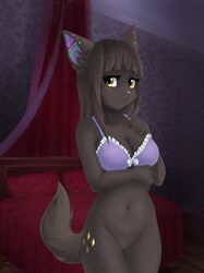 anthro bottomless bra breasts clothed clothing feline female furry looking_at_viewer mammal puivei pussy smile solo standing underwear