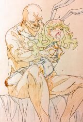 1boy animal_ears bare_shoulders blush bondage bound breasts breasts_out clothed_female_nude_male commentary_request cum elbow_gloves fake_animal_ears female gloves green_eyes green_hair highleg highleg_leotard highres leotard long_hair nipple_stimulation nipple_tweak nipples nude open_mouth original playboy_bunny rabbit_ears reverse_upright_straddle sex sex_from_behind sharekoube small_breasts straight thighhighs traditional_media white_gloves white_leotard white_thighhighs