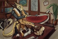 2017 anal anal_sex anthro ass balls canine erection fur furry highres linuell linuell_s'eleross male mammal penetration penis sergal sex simple_background smile underwear yaoi