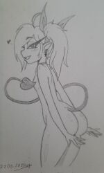 2025 ass blush choker dated earrings female heart katanis looking_at_viewer looking_back minako_(katanis_oc) nude nude_female oc smile standing succubus succubus_tail tail