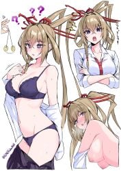 @_@ blonde_hair blue_bra blue_hair blue_panties blush bra braid breasts commentary_request crossed_arms empty_eyes hair_ornament hair_rings highres kobayashi_macchan masamune_(monster_strike) mind_control monster_strike multiple_girls navel nipples open_mouth panties pendulum shirt sweat thighs underwear undressing white_shirt