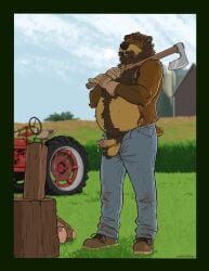 2026 anthro axe ball_tuft balls bear beard blue_eyes bodily_fluids body_hair bottomwear brown_body brown_fur chest_hair clothed clothing countershade_balls countershade_face countershade_genitalia countershade_torso countershading denim denim_bottomwear denim_clothing erection facial_hair footwear fur genitals grass hi_res holding_object holding_weapon humanoid_genitalia humanoid_penis jeans labradorszn male male_anthro mammal moustache musclegut muscular muscular_anthro muscular_male outside overweight overweight_anthro overweight_male pants penis pink_penis plant pubes shoes solo standing suspenders sweat tail tan_body tan_fur tan_penis topless topless_anthro topless_male tractor tuft vehicle weapon wood