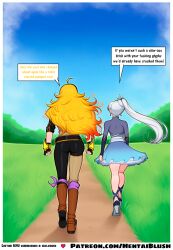 2girls ai_generated ass ass_focus back_view big_ass blonde_hair blue_eyes blush boots brown_hair commission dialogue earrings english_text female from_behind futa_on_female futanari gloves hentblush high_heels holding_hands huge_ass intersex long_hair multiple_girls muscular muscular_female nsfw ponytail purple_eyes rwby speech_bubble text thick_thighs thigh_boots thighhighs walking weiss_schnee wide_hips yang_xiao_long yellow_hair