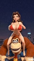 1boy1girl 3d ai ai_assisted ai_generated alternate_version_at_source animal animated artist_logo artist_name belly_button big_breasts bikini black_eyes blue_eyes bluesky_link bouncing_breasts breasts breasts_squeezed_together brown_fur brown_hair city city_background cityscape donkey_kong donkey_kong_(series) earrings female freckles freckles_on_breasts fur gorilla human kong long_hair male mario_(series) navel night nintendo pants pauline pauline_(mario) quinzo11 red_bikini red_lips red_lipstick self_upload sitting sitting_female sitting_on_shoulders stars teeth tie