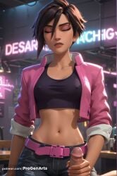 1boy 1boy1girl 1girls ai_generated belt black_hair breasts closed_eyes collarbone courtney_(dispatch) covered_nipples crop_top cropped_jacket denim dispatch_(game) erection female handjob hi_res invisigal jacket jeans lips makeup medium_breasts midriff navel nose open_clothes open_jacket pants parted_lips patreon_username penis pink_belt pink_jacket progenarts short_hair sleeves_pushed_up solo_focus straight tattoo tomboy torn_clothes torn_pants uncensored