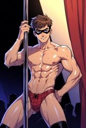 abs ai_generated brown-haired_male brown_hair bulge male_stripper marvel marvel_comics masked_male peter_parker pole red_thong spider-man stripclub stripper_pole sweaty_body