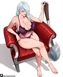 ) axe barefoot blue_hair blush bra braid breasts crossed_legs fake_(artist) fake_(lord_socar) feet female female_only hair_over_one_eye highres jujutsu_kaisen large_breasts lingerie long_hair looking_at_viewer lord_socar mei_mei_(jujutsu_kaisen) nail_polish panties purple_eyes sitting smile toenail_polish toenails toes underwear