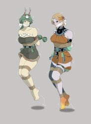 2025 2d_(artwork) 2girls angry angry_expression arms_behind_back artemis_(hades) barefoot bondage bound bound_ankles bound_arms bound_legs bound_together cleavage cleave_gag clothed cousins defeated feet female female_only gag gagged goddess green_hair hades_(game) hades_2 heterochromia hopping light-skinned_female looking_at_viewer melinoe_(hades) pixiv_commission reon99 rope rope_bondage supergiant_games tied_up