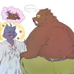 2026 anthro blush bodily_fluids bottomwear clothing cum domestic_cat duo ellipsis felid feline felis furipon genital_fluids heart_symbol hi_res kemono male mammal open_mouth overweight overweight_male pants sitting size_difference suid suine sus_(pig) sweat wild_boar