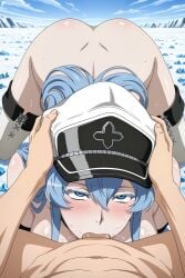 1boy 2girls ai_generated akame_ga_kill! ass blue_eyes blue_hair blush digitalwaifugallery esdeath_(akame_ga_kill!) fellatio female hair_between_eyes hat hi_res high_quality high_resolution long_hair looking_at_viewer multicolored_hair nude oral panties patreon penis seductive sexy solo_focus straight sweat top-down_bottom-up uncensored underwear watermark