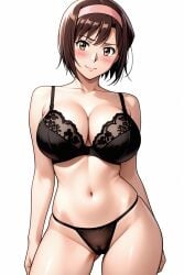 1girl ai-created ai_generated ass_visible_through_thighs bare_shoulders black_bra black_panties blush bra breasts brown_eyes brown_hair cameltoe cleavage closed_mouth collarbone contrapposto cowboy_shot devilman female hairband lace-trimmed_bra large_breasts lingerie looking_at_viewer miki_makimura navel panties pink_hairband pixiv rena_aikawa_(pixiv_user) short_hair simple_background skindentation smile solo stable_diffusion standing stomach string_panties thighs underwear underwear_only white_background