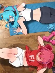 blue_hair blush chubby_female concerned_look dumbbell headphones looking_pleasured pink_hair push-up pussy_juice_drip_through_clothes pussy_juice_puddle recording secret_masturbation sit-ups stealth_masturbation sweat sweating unaware utau vaginal_fluids vaginal_juices vibrator_in_pussy vibrator_under_clothes vocaloid wet_floor working_out workout worried worried_expression yoga_mat