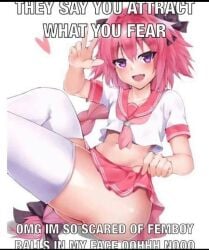 1boy 1femboy ass astolfo_(fate) astolfo_(fate/apocrypha) astolfo_(saber)_(fate) astolfo_(sailor_paladin)_(fate) belly belly_button big_legs fate/apocrypha fate/grand_order fate/stay_night fate_(series) femboy heart legs male meme open_mouth pink_eyes pink_hair skirt smile text