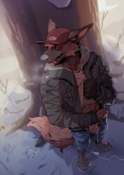 2026 4_toes 5_fingers anthro balls behind_tree bodily_fluids brown_body brown_fur canid canine cheek_tuft claws clothed clothing clothing_lift cum cum_drip cum_on_balls cum_on_ground digital_media_(artwork) dripping ear_piercing facial_tuft feet fingers fur genital_fluids genitals hat headgear headwear hi_res high-angle_view holding_own_penis humanoid_genitalia humanoid_penis jacket male mammal masturbation multicolored_body multicolored_fur open_mouth orange_body orange_fur outside outside_masturbation patto penis piercing plant shirt shirt_lift snow solo standing tail toe_claws toes topwear tree tuft unzipped unzipped_pants zipper