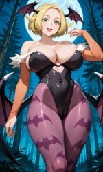 ai_generated bat_wings bianca_(pokemon) blonde_hair breasts bridal_gauntlets capcom crossover darkstalkers female green_eyes huge_breasts leotard morrigan_aensland morrigan_aensland_(cosplay) pantyhose pixai pokemon pokemon_bw short_hair solo tagme wings