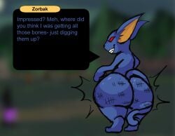 adventurequest adventurequest_worlds after_vore anthro archangellllll artix_entertainment ass big_butt dragonfable english_text huge_butt looking_back male moglin post_digestion post_vore_weight_gain red_eyes solo speech_bubble tally_marks text vore weight_gain zorbak