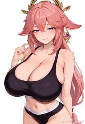 ai_generated animal_ears bangs bare_shoulders black_bra black_panties blush bra breasts cleavage closed_mouth collarbone earrings female fox_ears hair_between_eyes hair_ornament hand_up huge_breasts jewelry juliatitusart long_hair looking_at_viewer navel panties pink_hair purple_eyes simple_background smile solo sports_bra twitter_username underwear very_long_hair white_background yae_miko